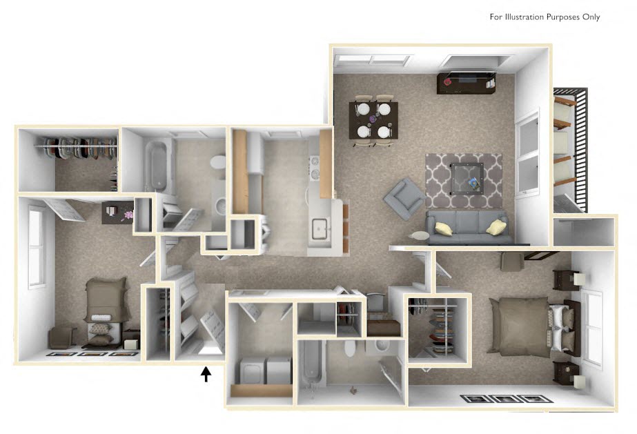 Floor plan for 2 beds, 2 baths, 1155 sqft